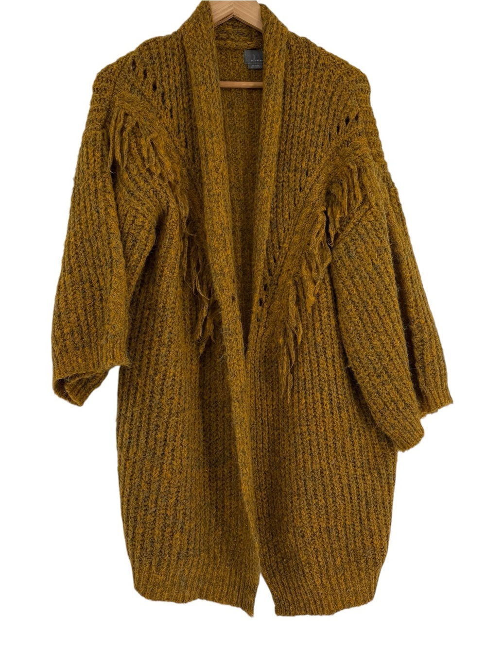 Anthropologie Stevie Boho Fringe Marled Knit Cardigan Sweater One Size Gold